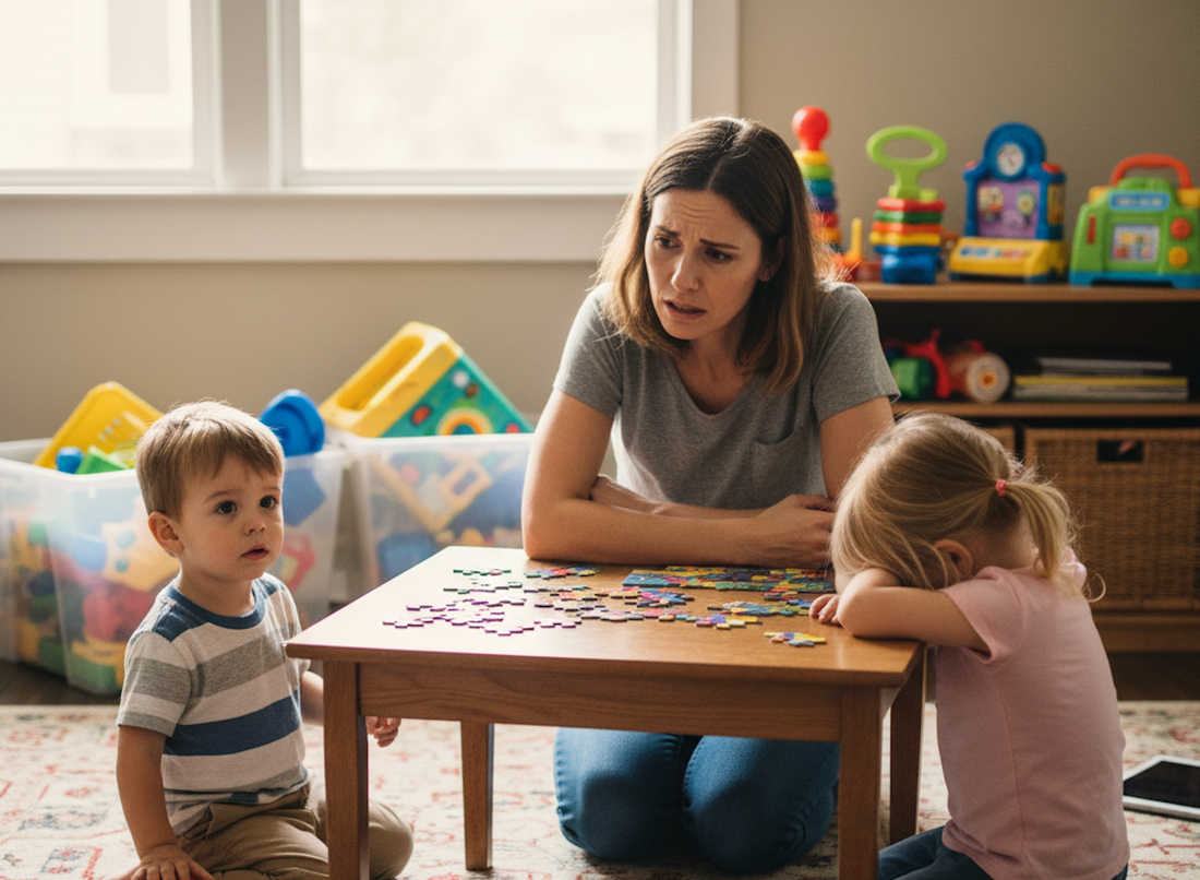 Frustrated mother watching her young child lose focus during playtime, struggling to maintain attention on toys