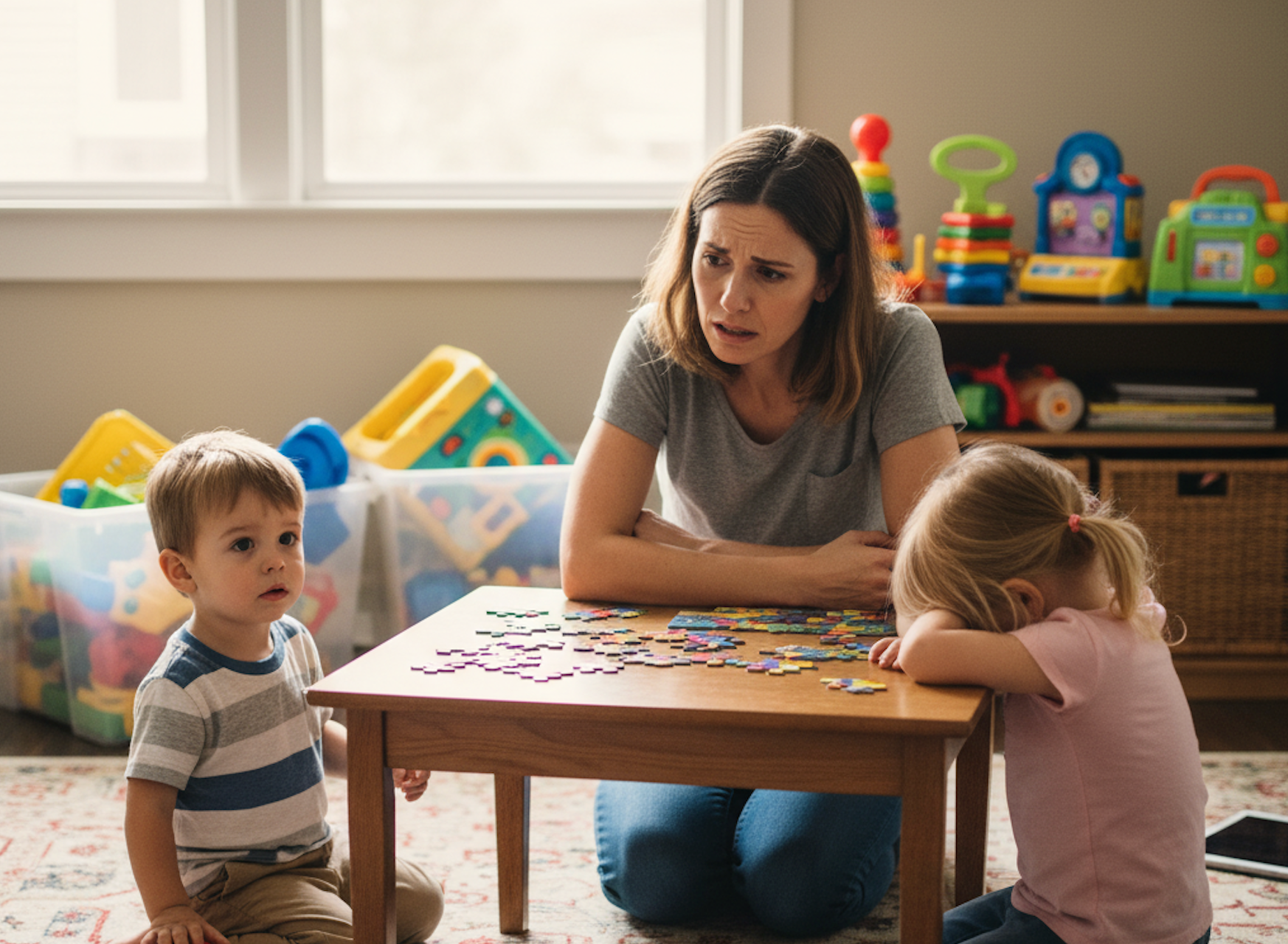 Frustrated mother watching her young child lose focus during playtime, struggling to maintain attention on toys