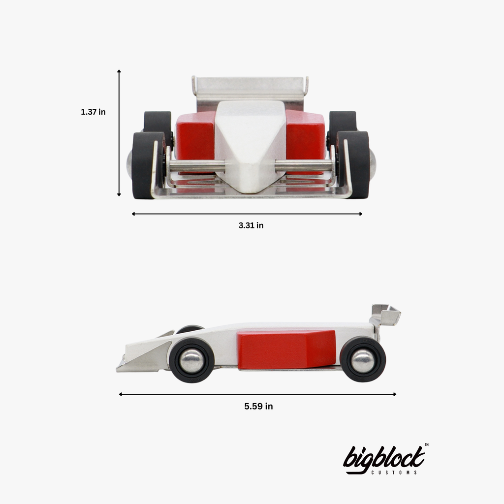 Measurement chart of a toy car with dimensions labeled, featuring the brand 'bigblock'.