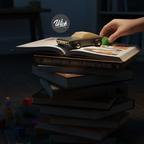 Stack of books with a wooden toy car on top, hand reaching for it, 'Wick' brand visible.