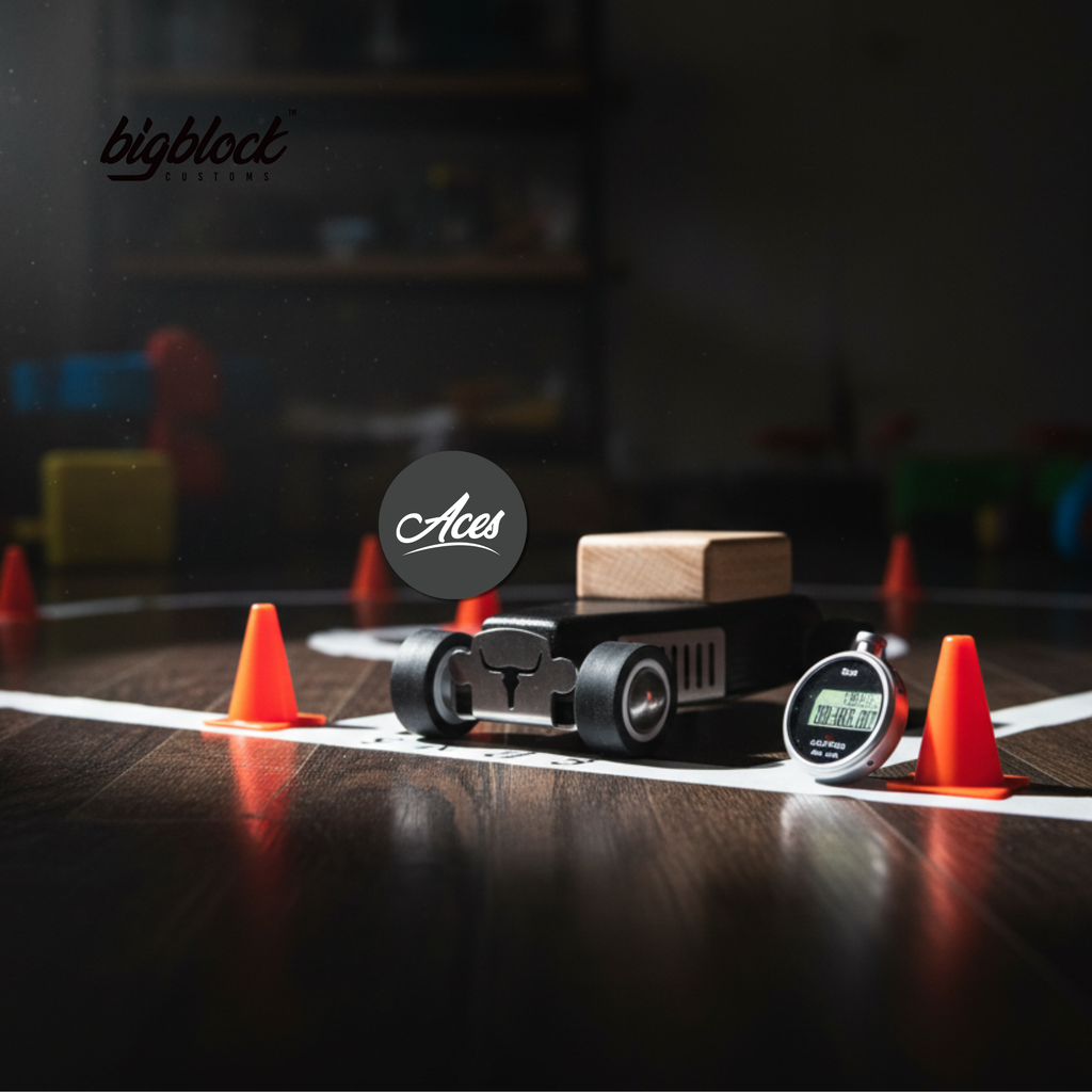Wooden toy car with digital clock and traffic cones on a wooden surface, featuring 'bigblock' and 'Aces' logos.