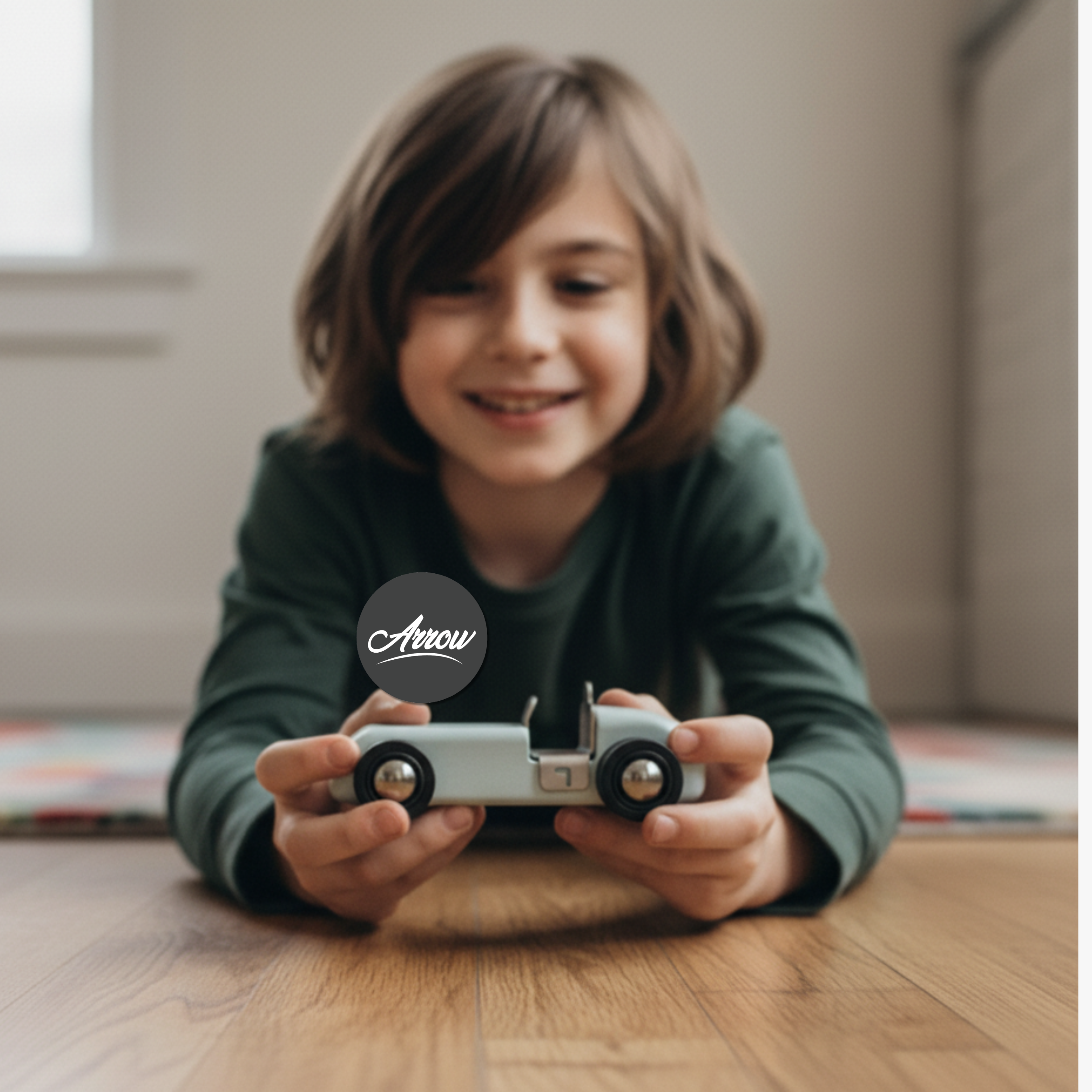 Child holding a toy car with 'Arrow' branding on a wooden floor.