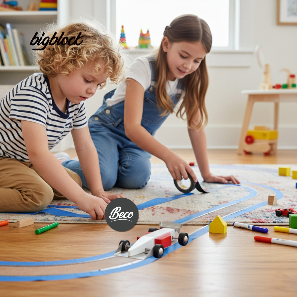 Two children playing with a toy car on a floor mat, surrounded by toys in a room.