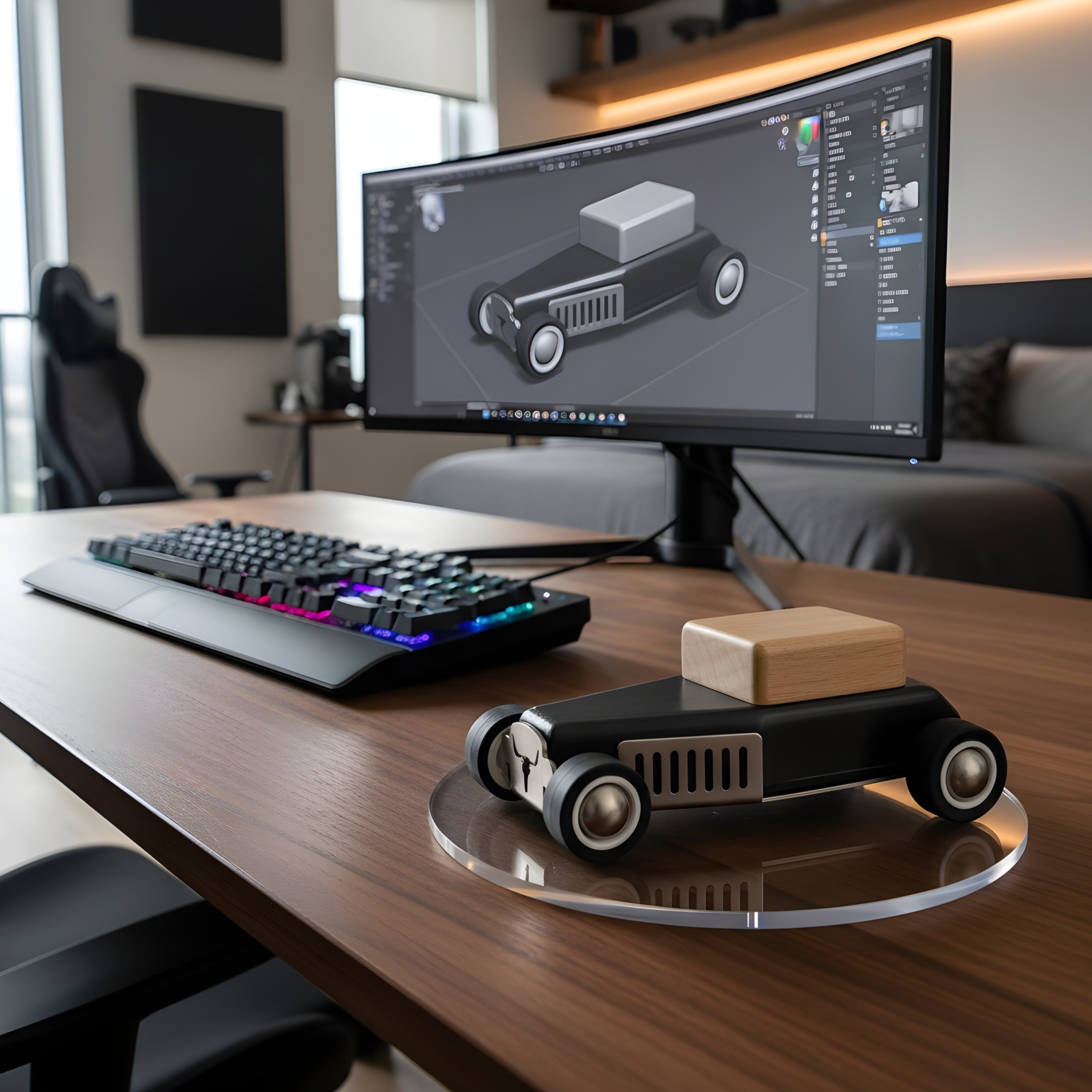 Computer setup with a monitor displaying 3D modeling software, keyboard, and a small model car on a desk.