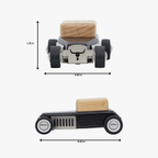 Two wooden toy cars, shown from different angles with measurements indicated.
