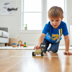Child playing with a wooden toy car on a wooden floor, with 'bigbloot' branding visible.