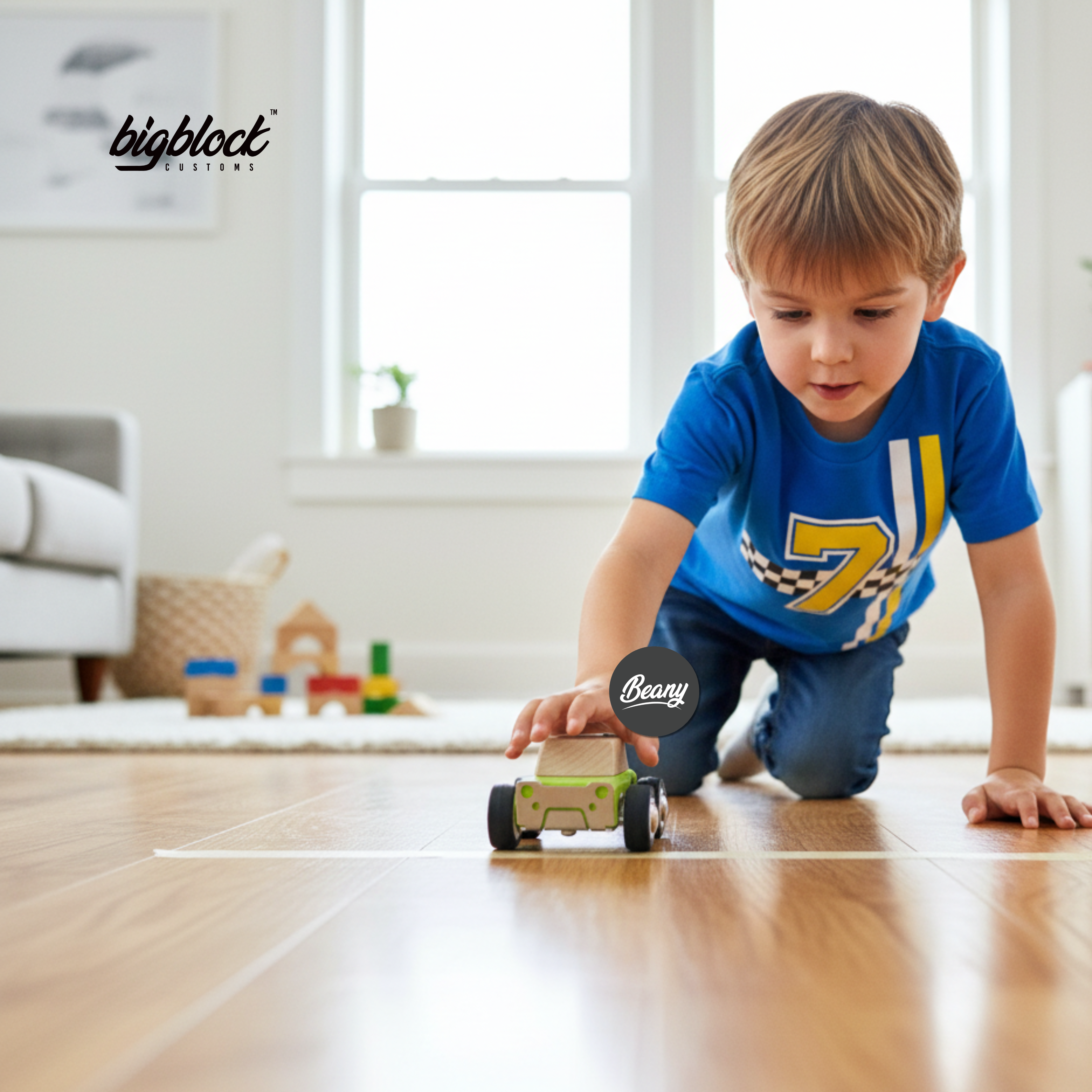 Child playing with a wooden toy car on a wooden floor, with 'bigbloot' branding visible.