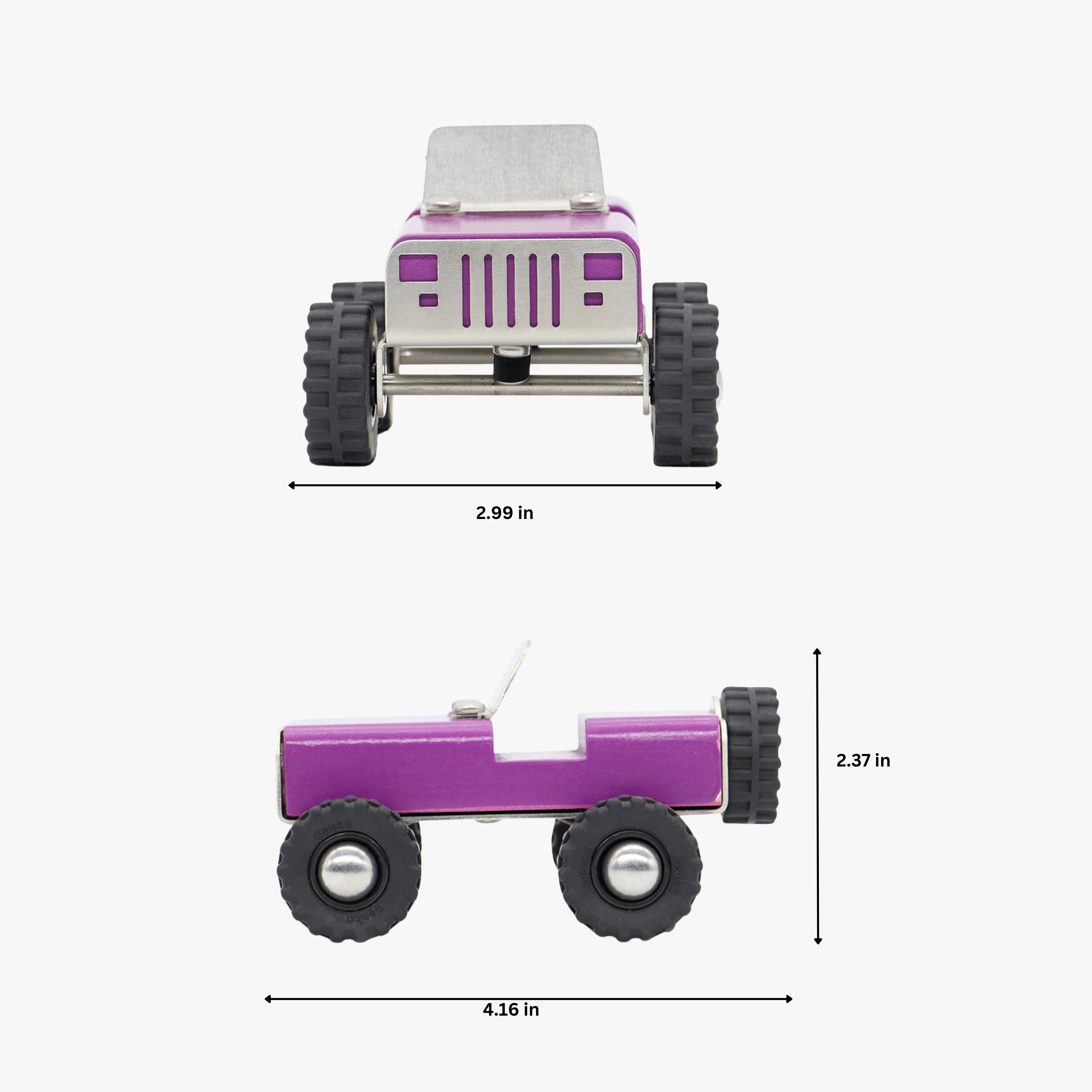 Purple wooden toy truck with measurements on a white background