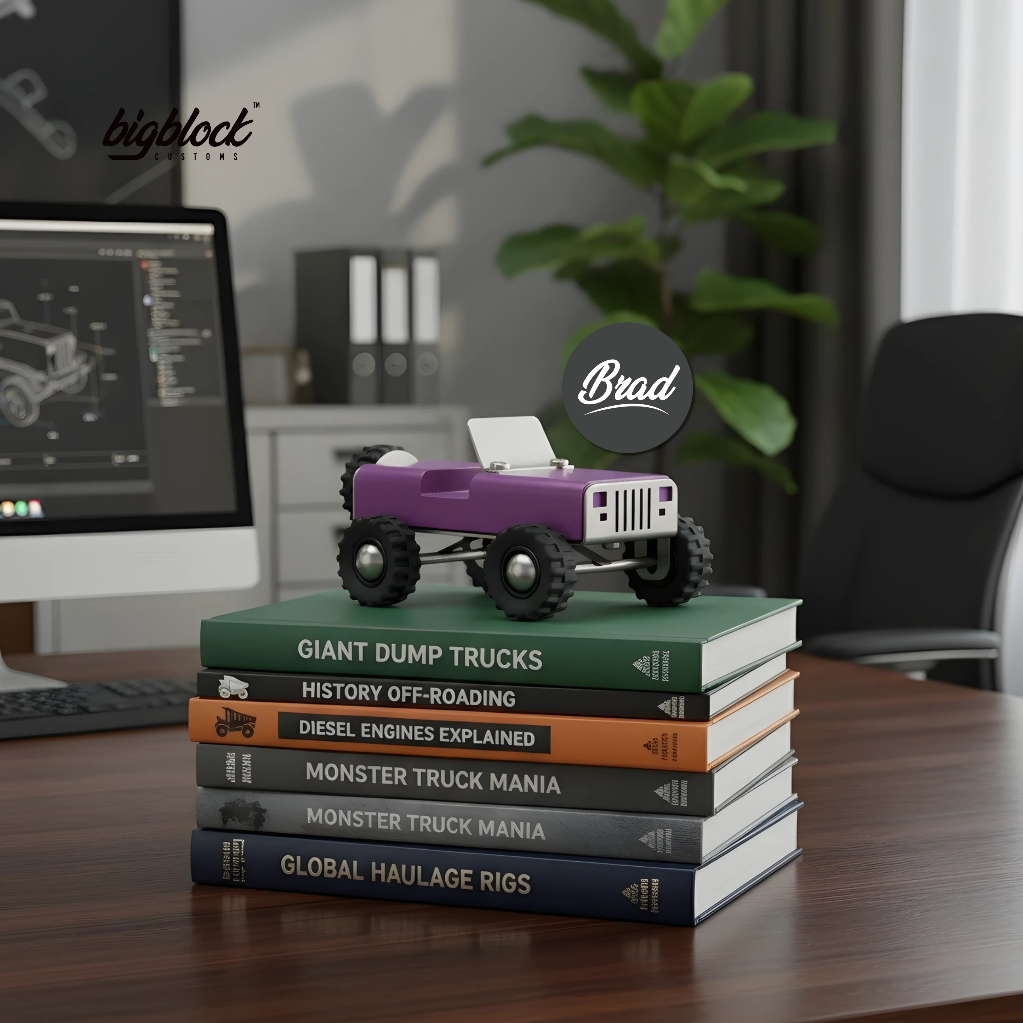 Small wooden toy truck on a stack of books with a blurred office background