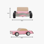 Measurement chart of a pink wooden toy car with dimensions labeled on a white background