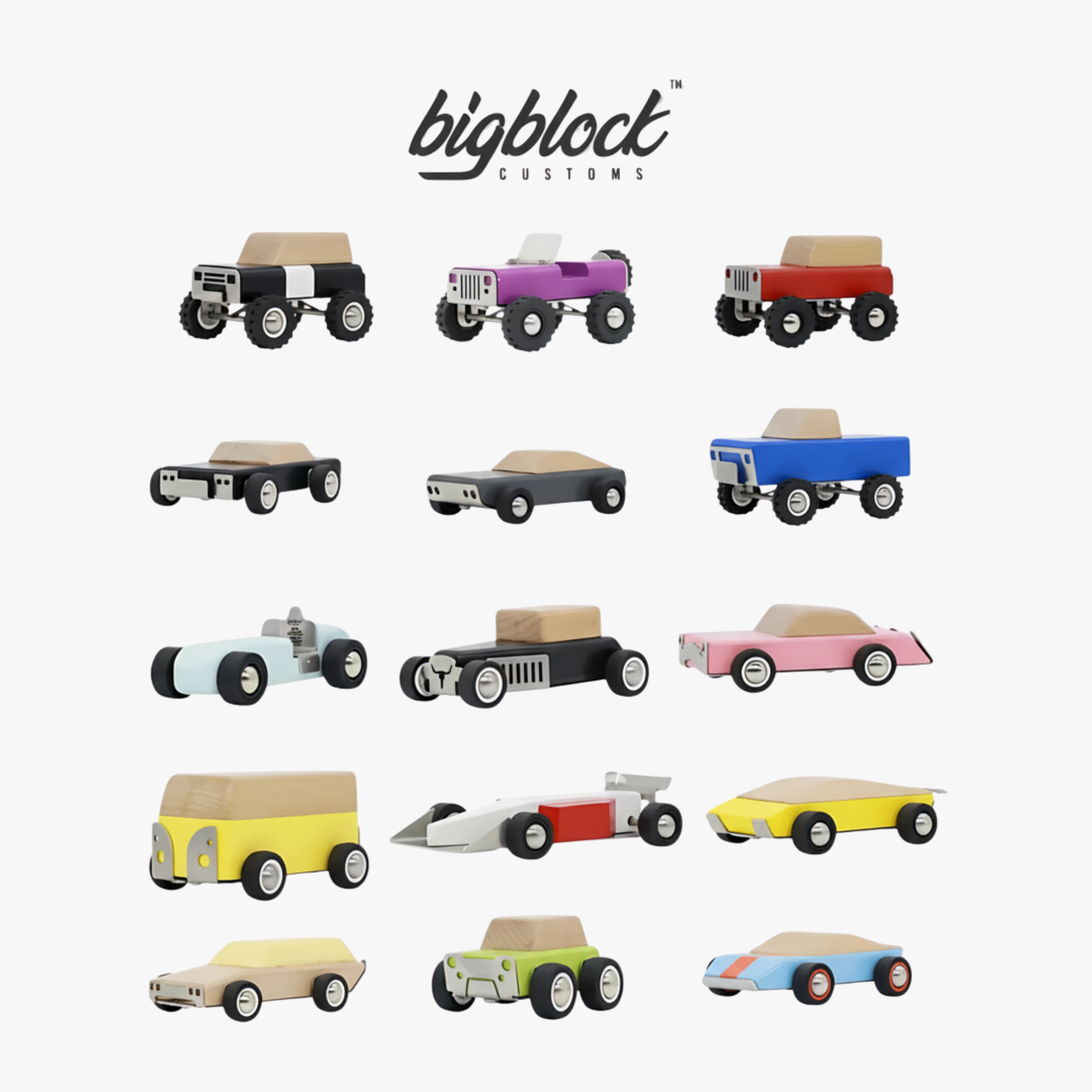 Collection of colorful wooden toy cars with 'bigblock customs' branding on a white background