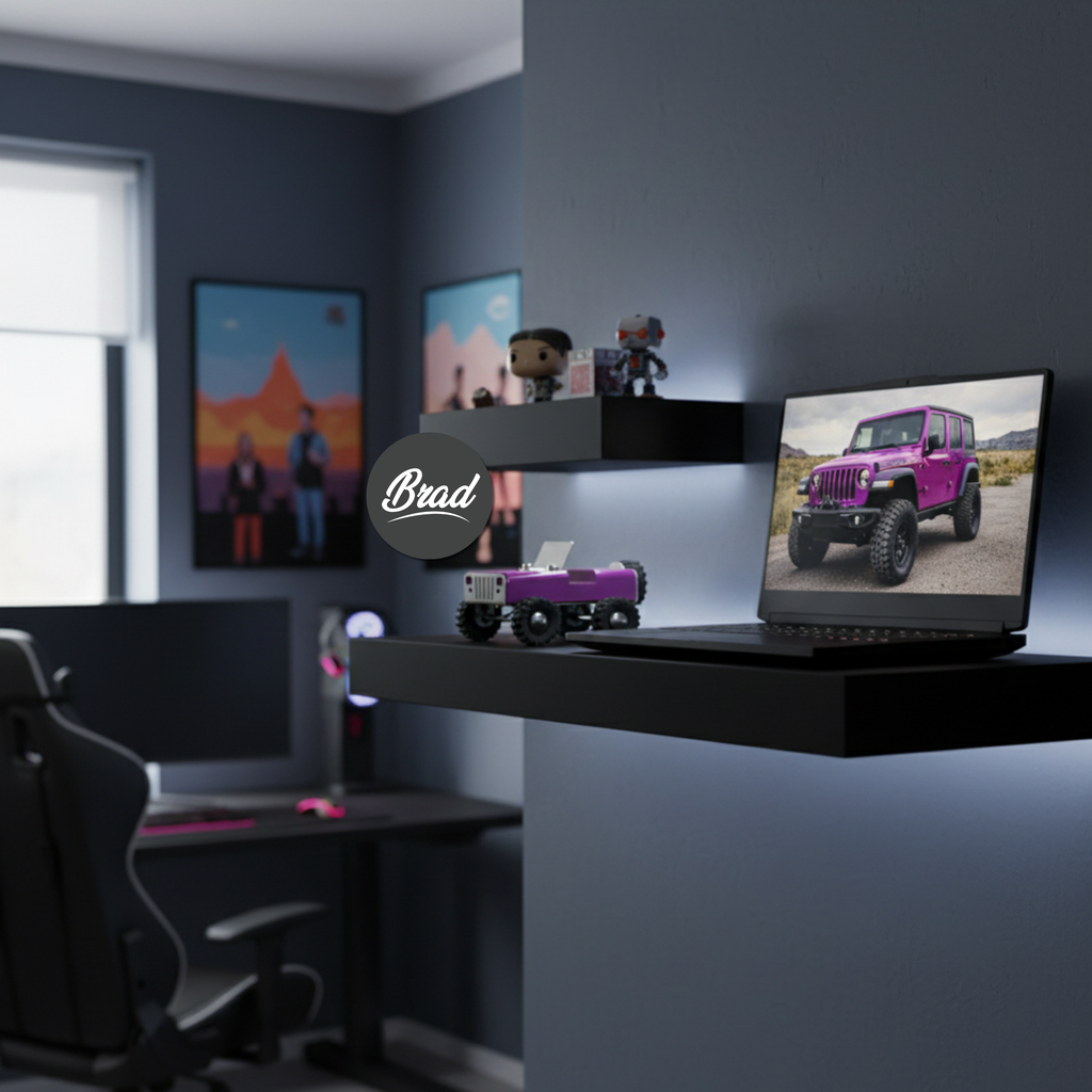 Laptop on a desk with a purple jeep graphic, surrounded by decor in a modern office setting.