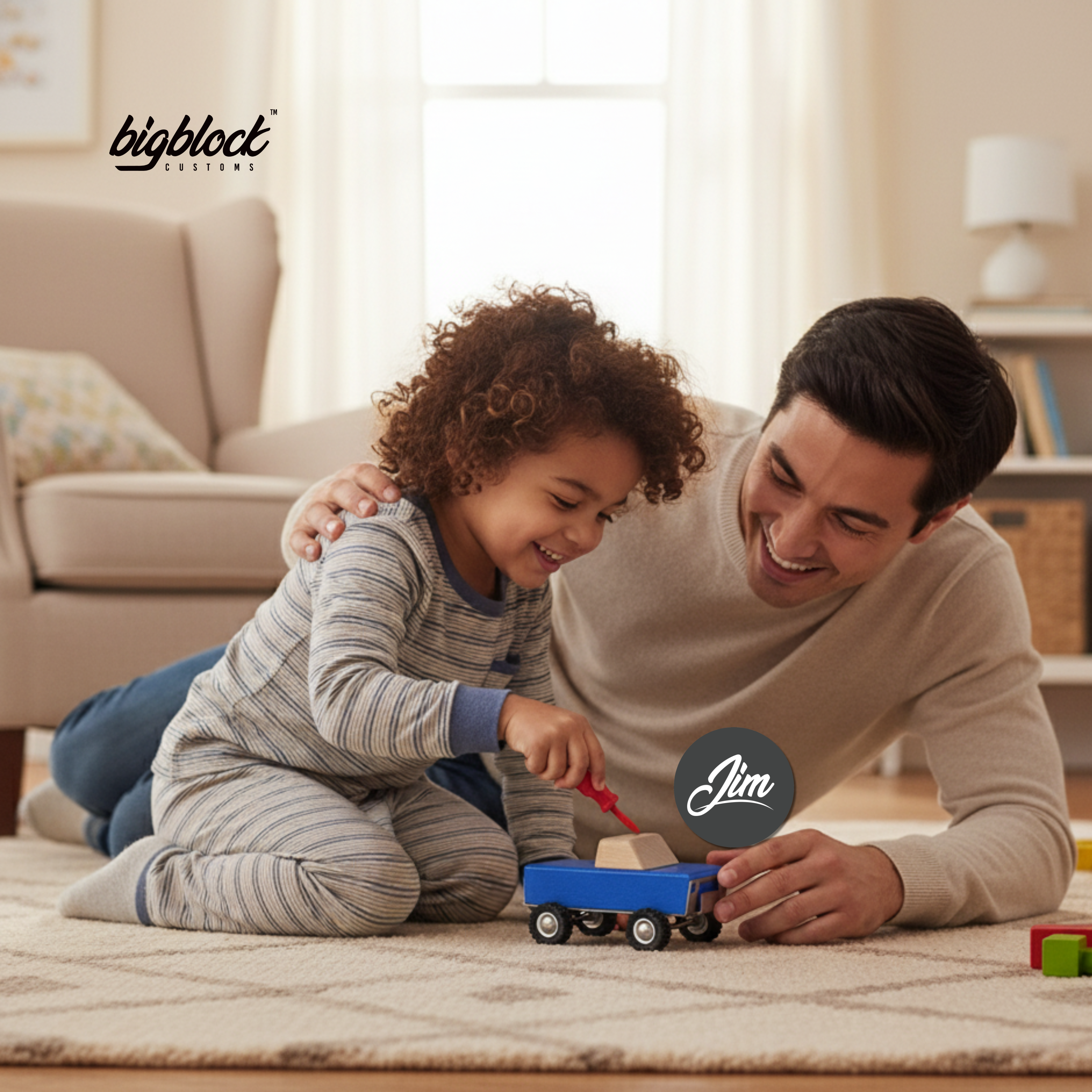Father and child playing with a toy truck on a carpeted floor, with 'bigbloot' branding visible.