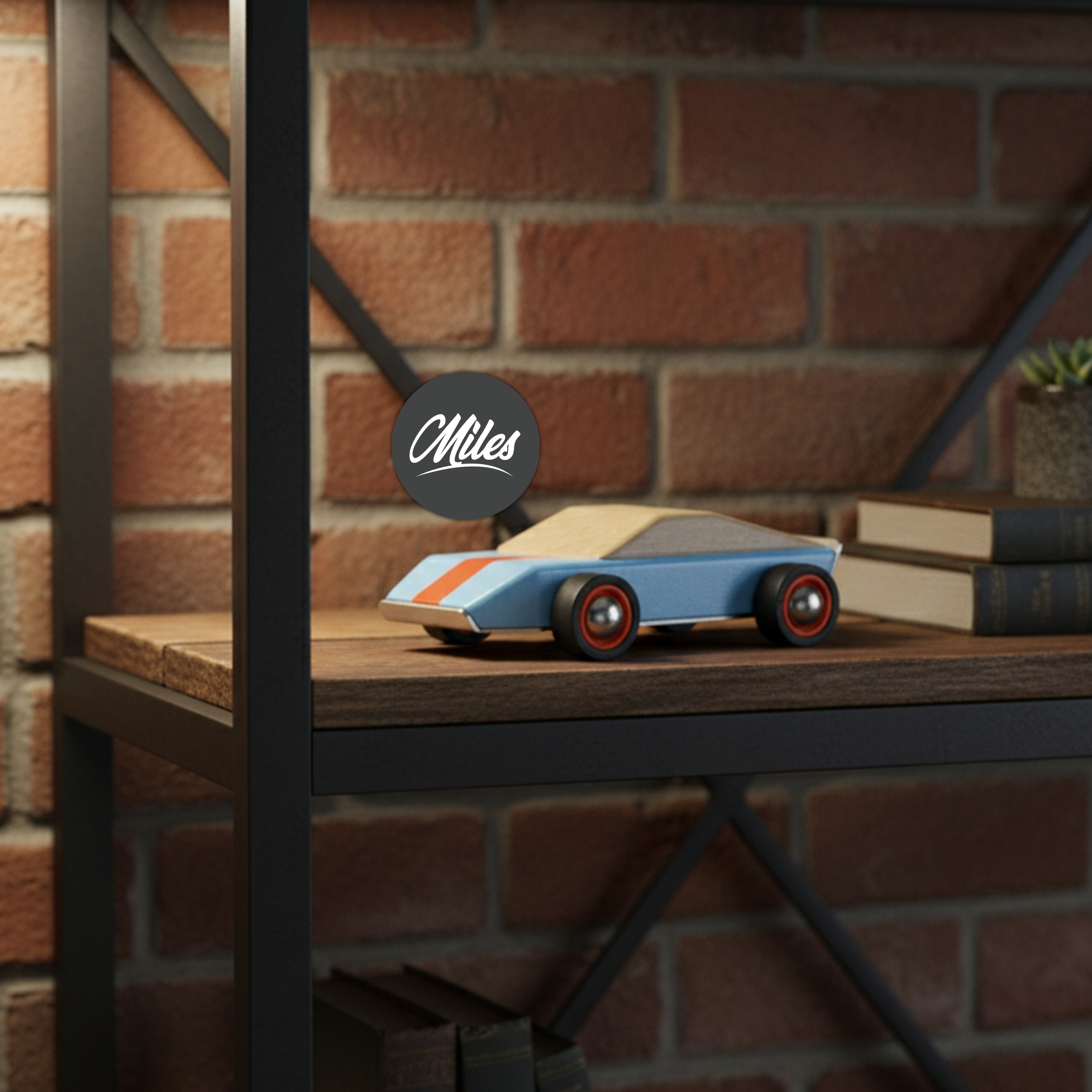 Wooden toy car on a shelf with a brick wall background