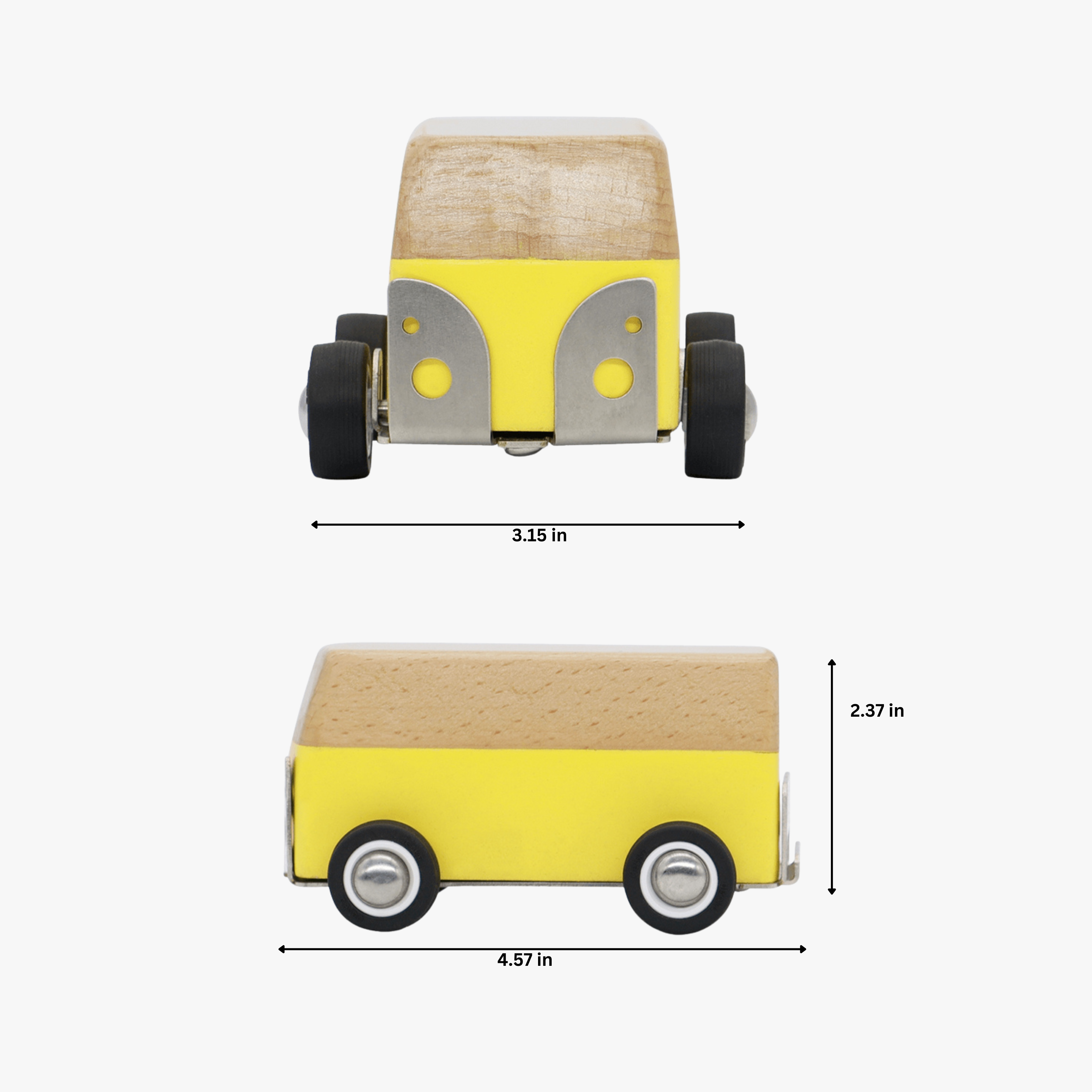 Yellow wooden toy bus with dimensions indicated on a white background