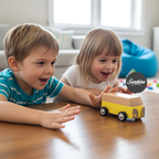 Two children playing with a toy car on a table, with a 'Sunshine' label in the corner.