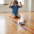 Child playing with a toy car on a wooden floor with colorful lines, featuring the Bigblock Customs wooden toy car wick.
