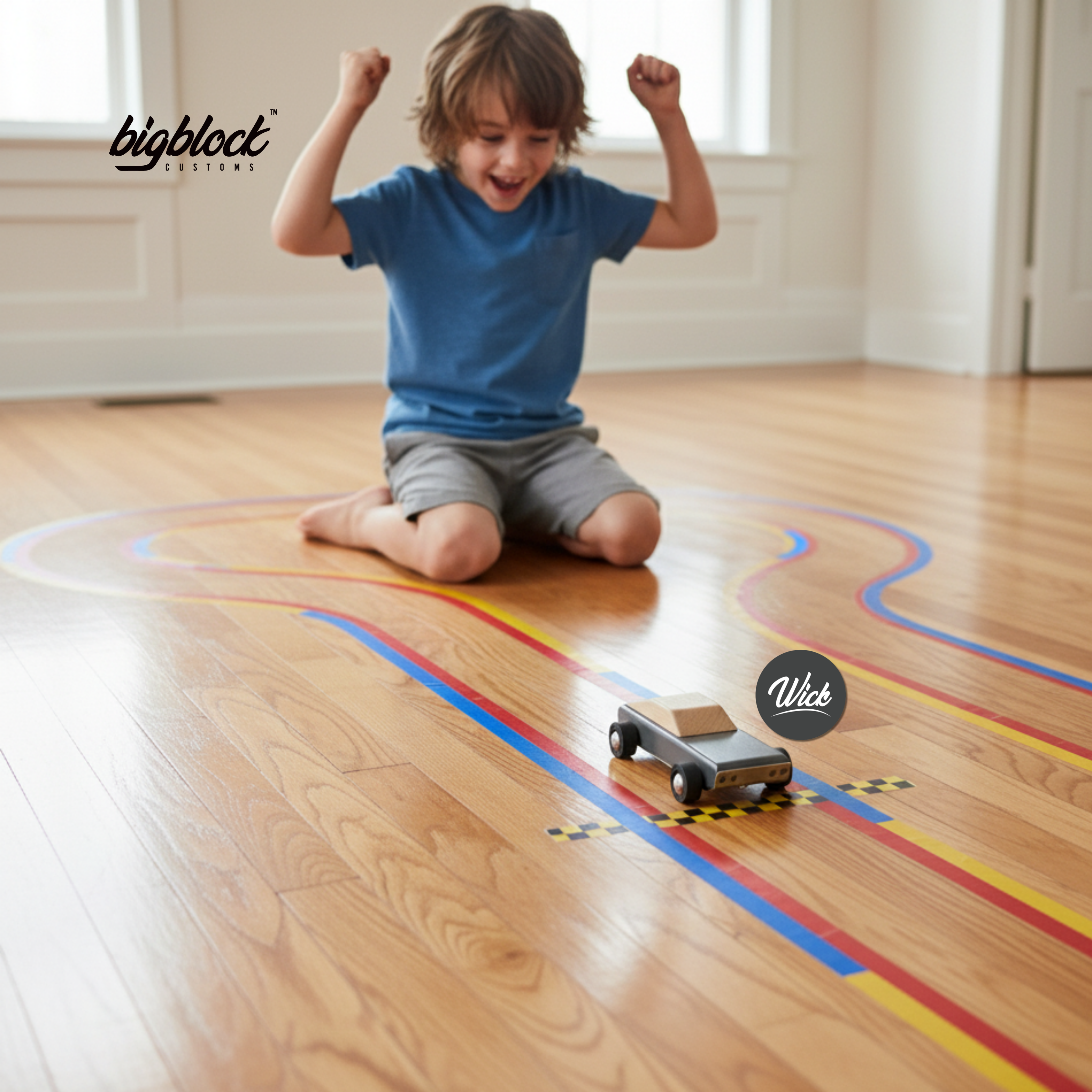 Child playing with a toy car on a wooden floor with colorful lines, featuring the Bigblock Customs wooden toy car wick.