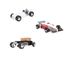 Three toy cars on a white background