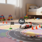 Children's toy race track with a car and flags on a play mat, with 'Beco' and 'bigblock' logos.