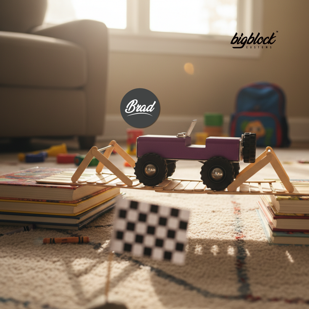 Toy car on a wooden track with 'Brad' and 'bigblock' branding in a room setting.