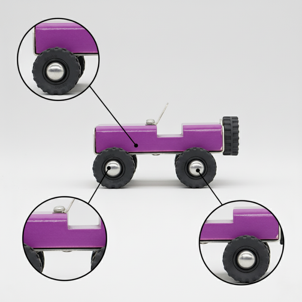 Purple wooden toy truck with close-up details on a gray background