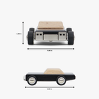 Measurement chart of a wooden toy car with dimensions labeled on a white background
