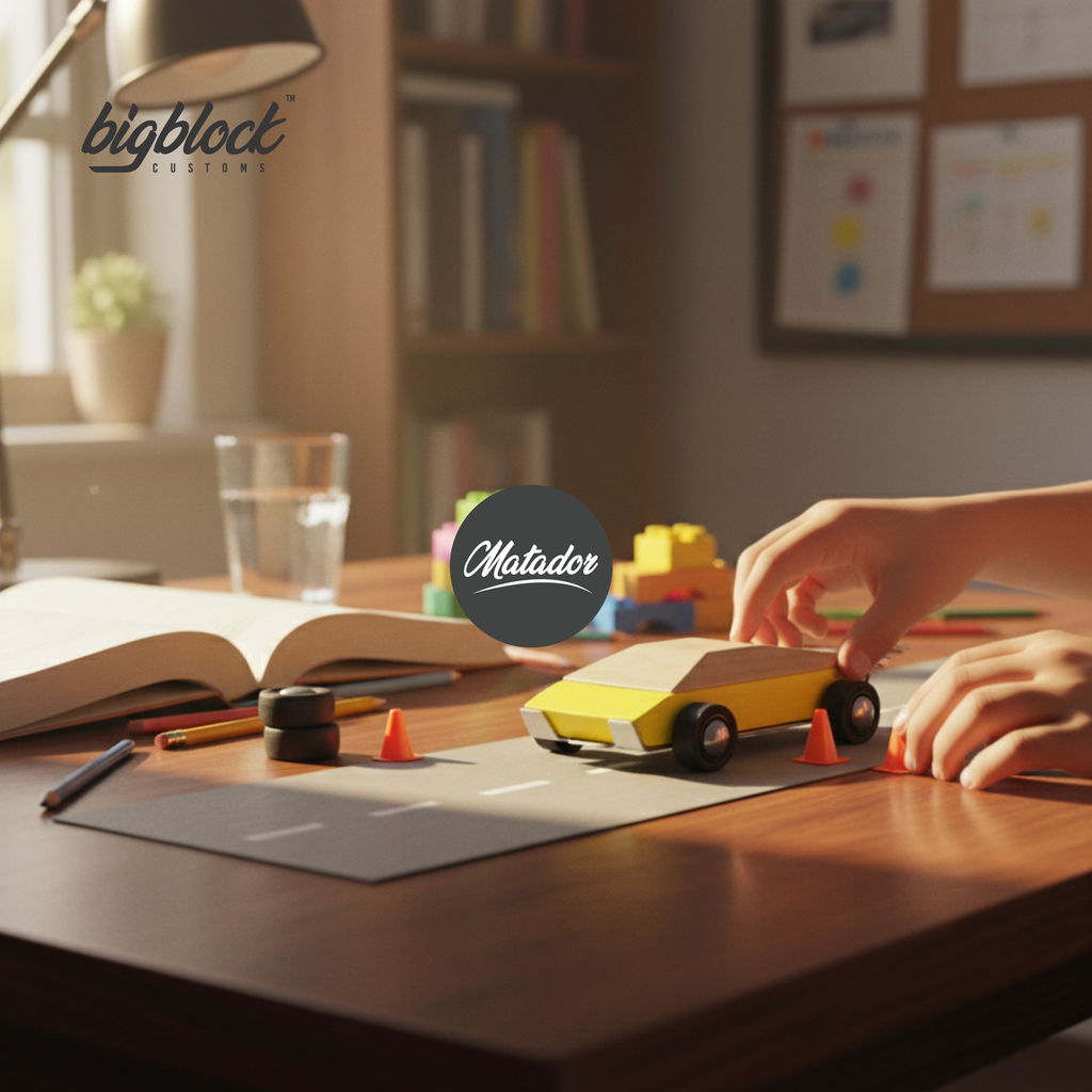 Person playing with a wooden toy car on a desk, surrounded by books and stationery, with 'bigblock customs' and 'Matador' logos visible.