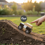 Wooden Toy truck with a block being pushed up a small hill by a hand in a park, with 'Frank' and 'bigblock' branding.