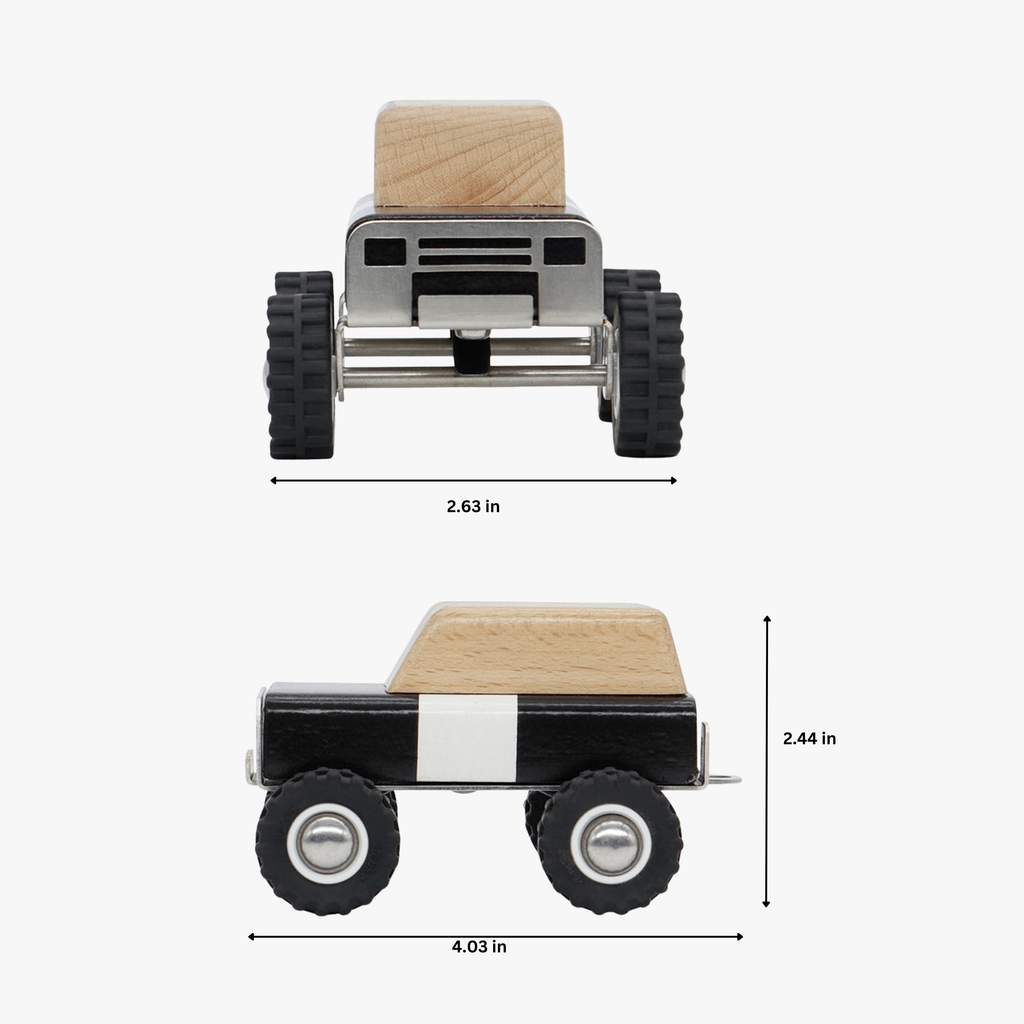 Wooden toy truck with measurements on a white background