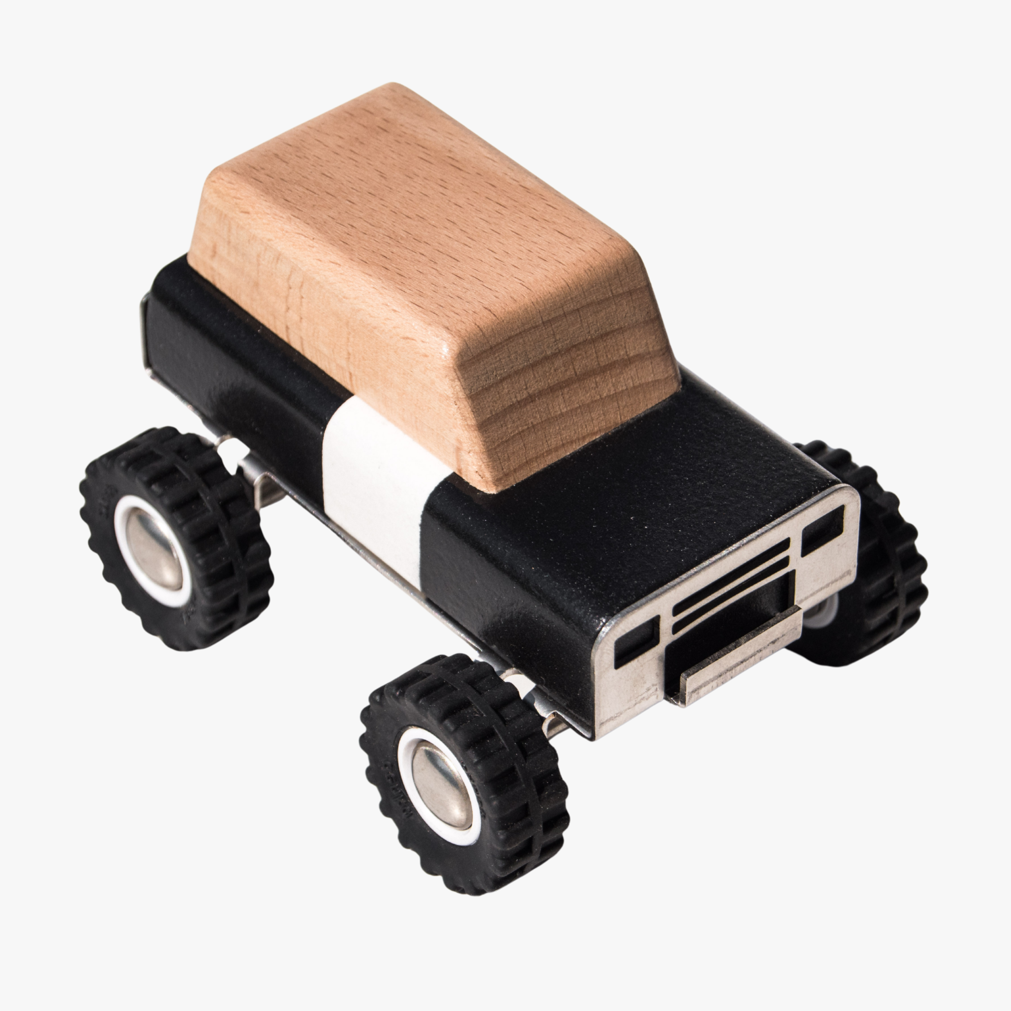 Small wooden toy truck with black wheels on a white background