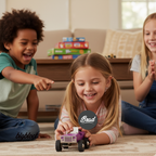 Children playing with wooden toy car on a wooden floor, with 'bigblock' branding visible.