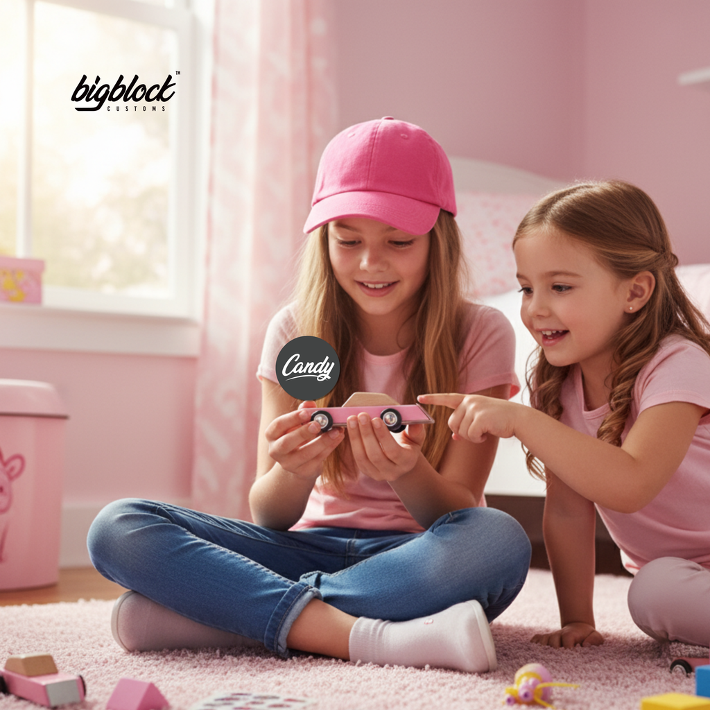 Two children playing with toy cars on a pink carpet, with 'bigbloot' branding.