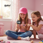 Two children playing with toy cars on a pink carpet, with 'bigbloot' branding.
