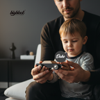 Father and a child holding a wooden toy car with 'Duke' on it, sitting on a couch.
