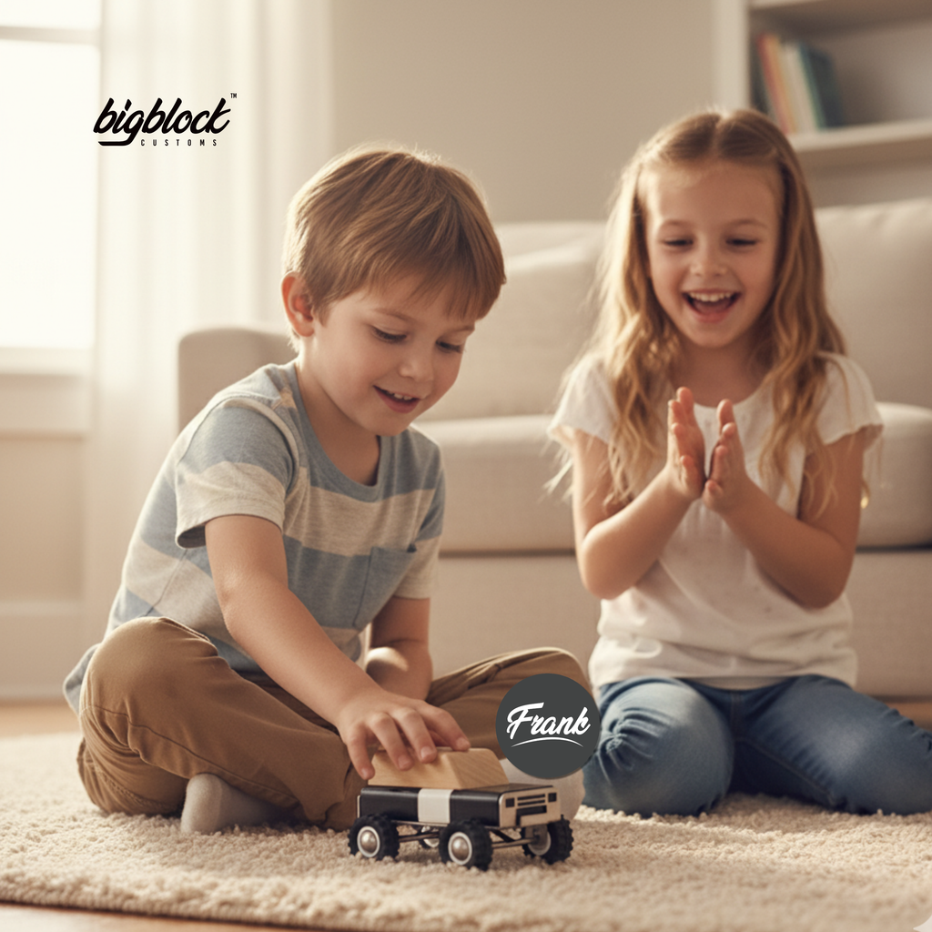 Two children playing with a wooden toy car on a carpeted floor, with 'bigbloot' branding visible.