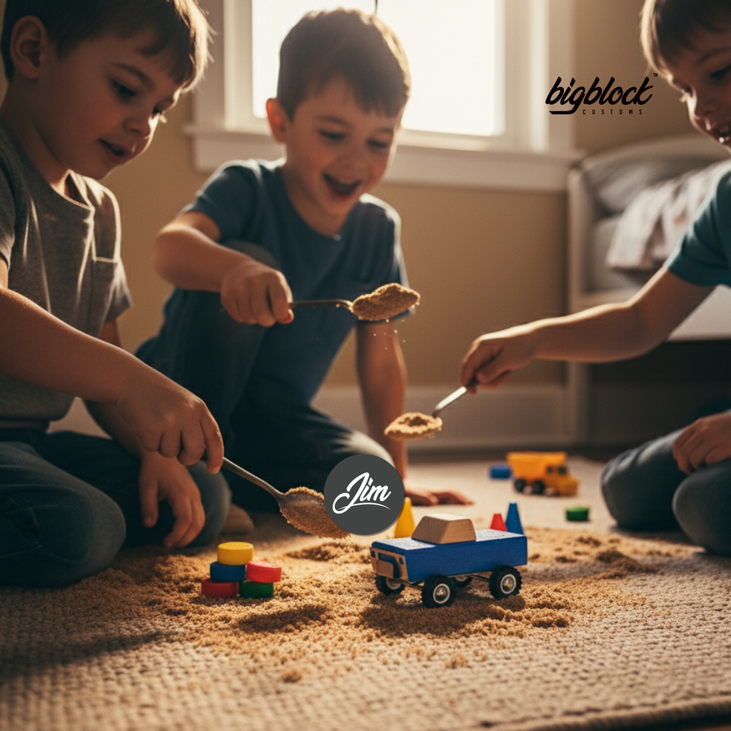 Three children playing with toys on a carpeted floor, with 'bigbloct' and 'Jim' logos visible.