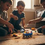 Three children playing with toys on a carpeted floor, with 'bigbloct' and 'Jim' logos visible.