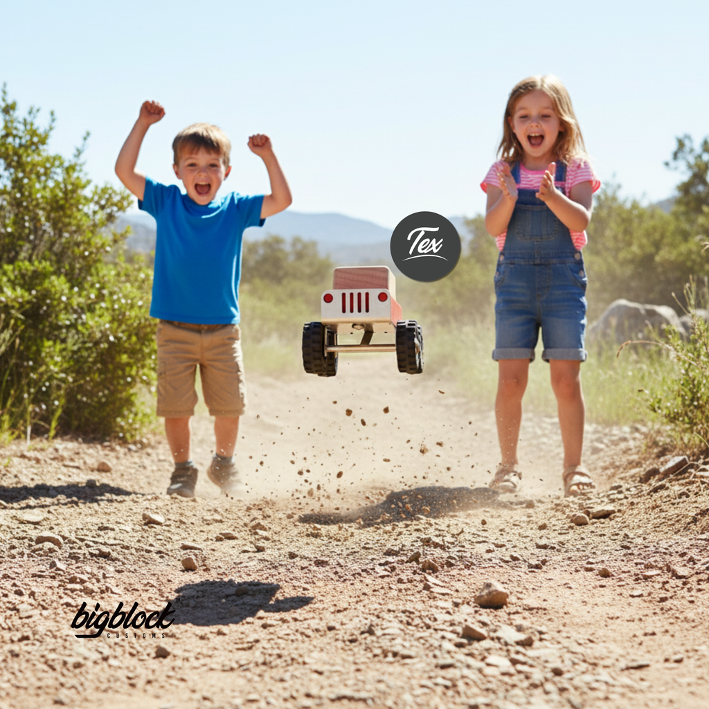Two children on a dirt road with a wooden toy truck labeled 'Tex' in the center.