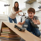 Child playing with a wooden toy car on a ramp made of books in a kitchen, with 'bigblock' branding.