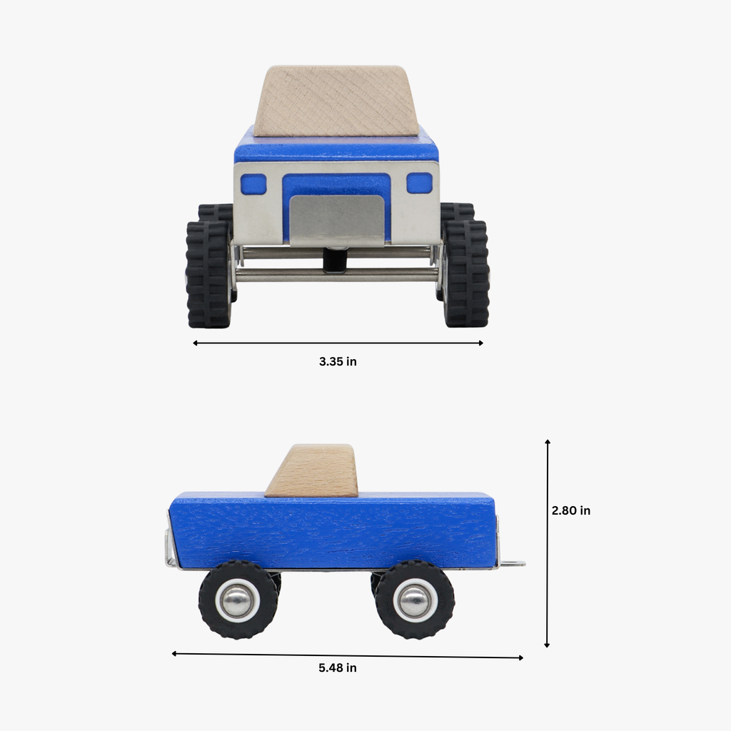 Wooden toy truck with a trailer and measurements on a white background