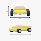 Yellow wooden toy car with dimensions labeled on a white background