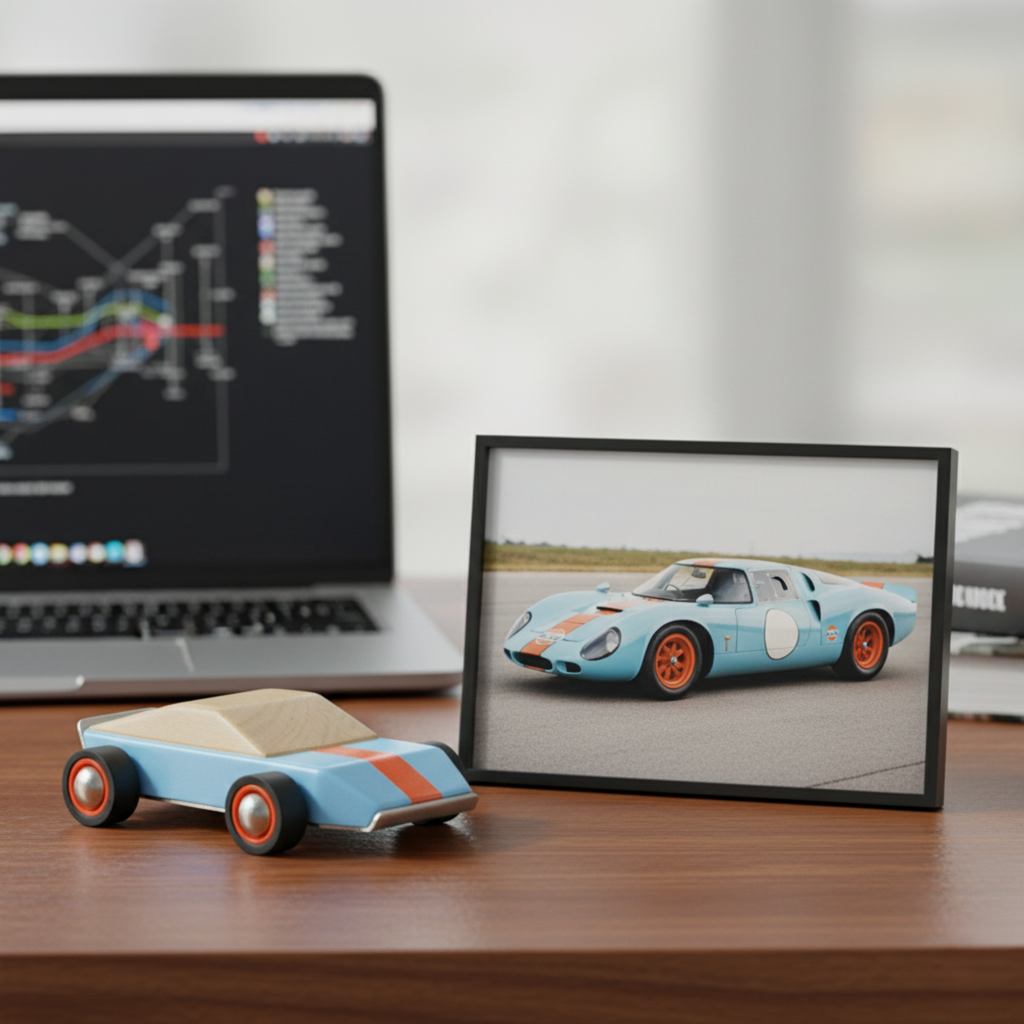Wooden toy car Miles and framed picture of a vintage race car on a desk with a laptop in the background.