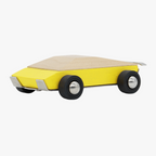 Yellow wooden toy car with black wheels on a white background