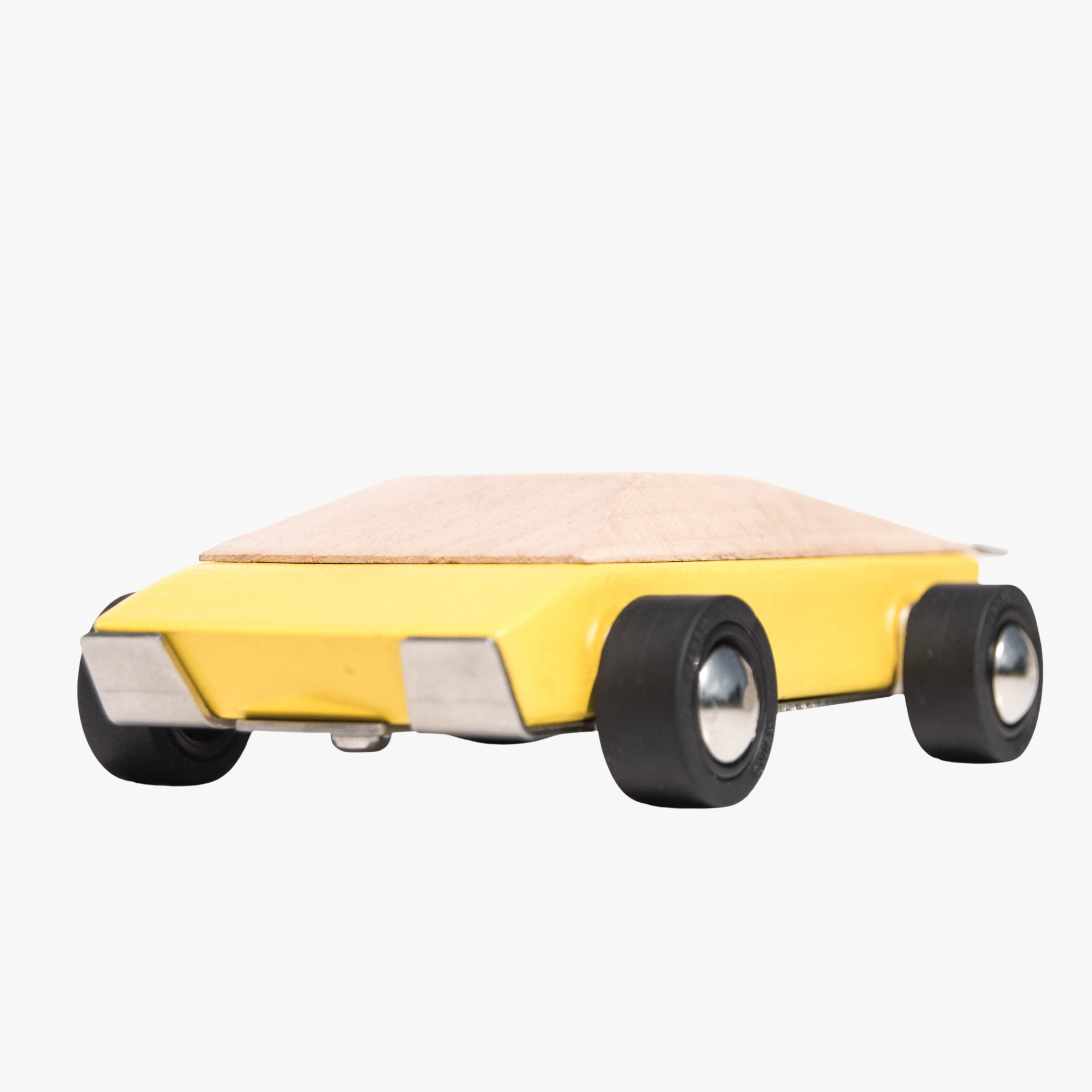 Small yellow vehicle with a wooden top on a white background