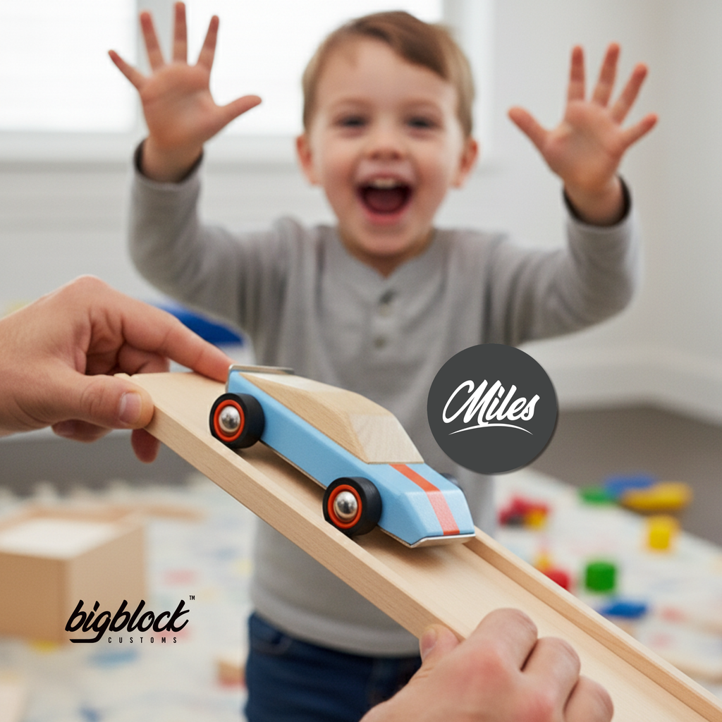 Child playing with a toy car on a wooden track, with 'Miles' and 'bigblock' logos visible.