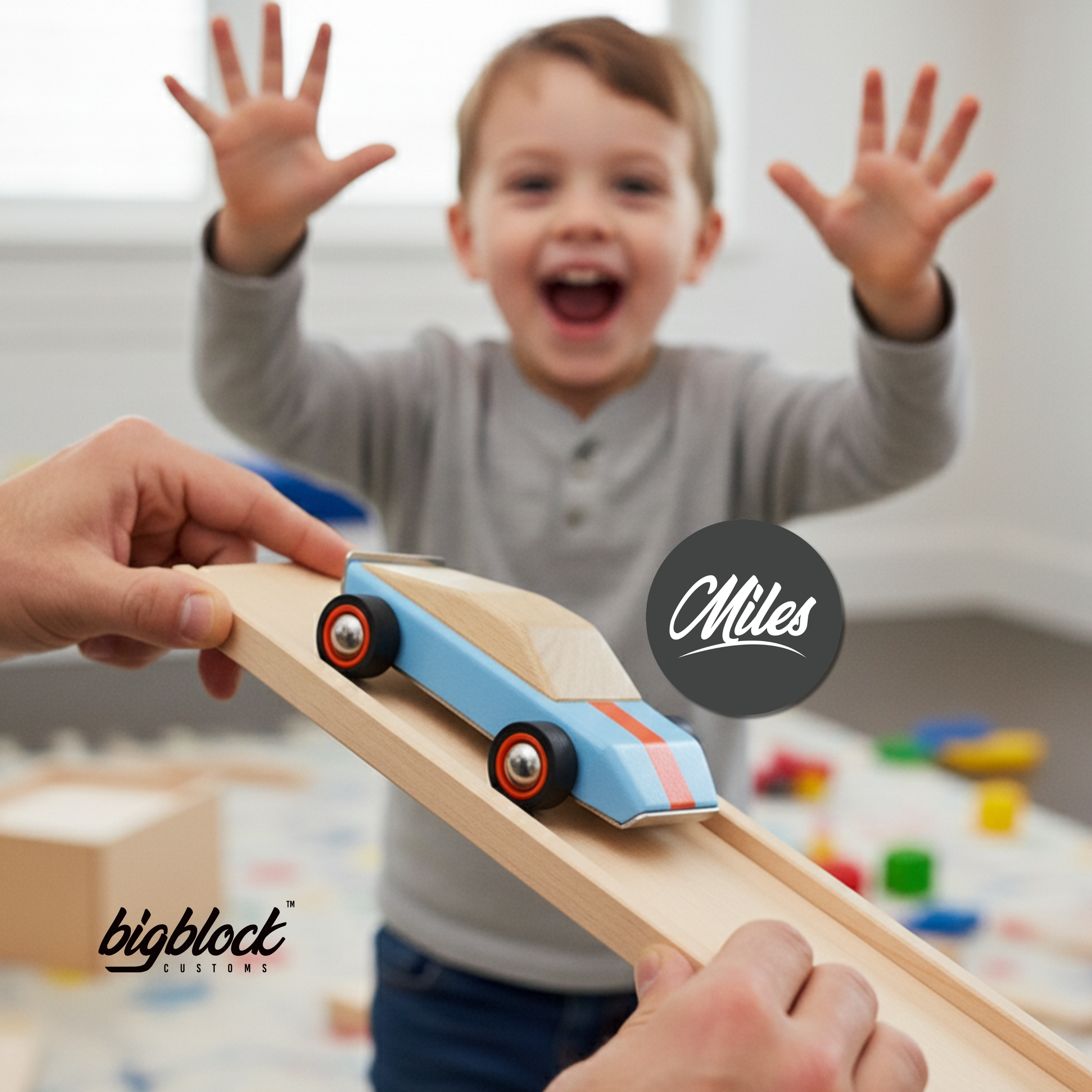 Child playing with a toy car on a wooden track, with 'Miles' and 'bigblock' logos visible.