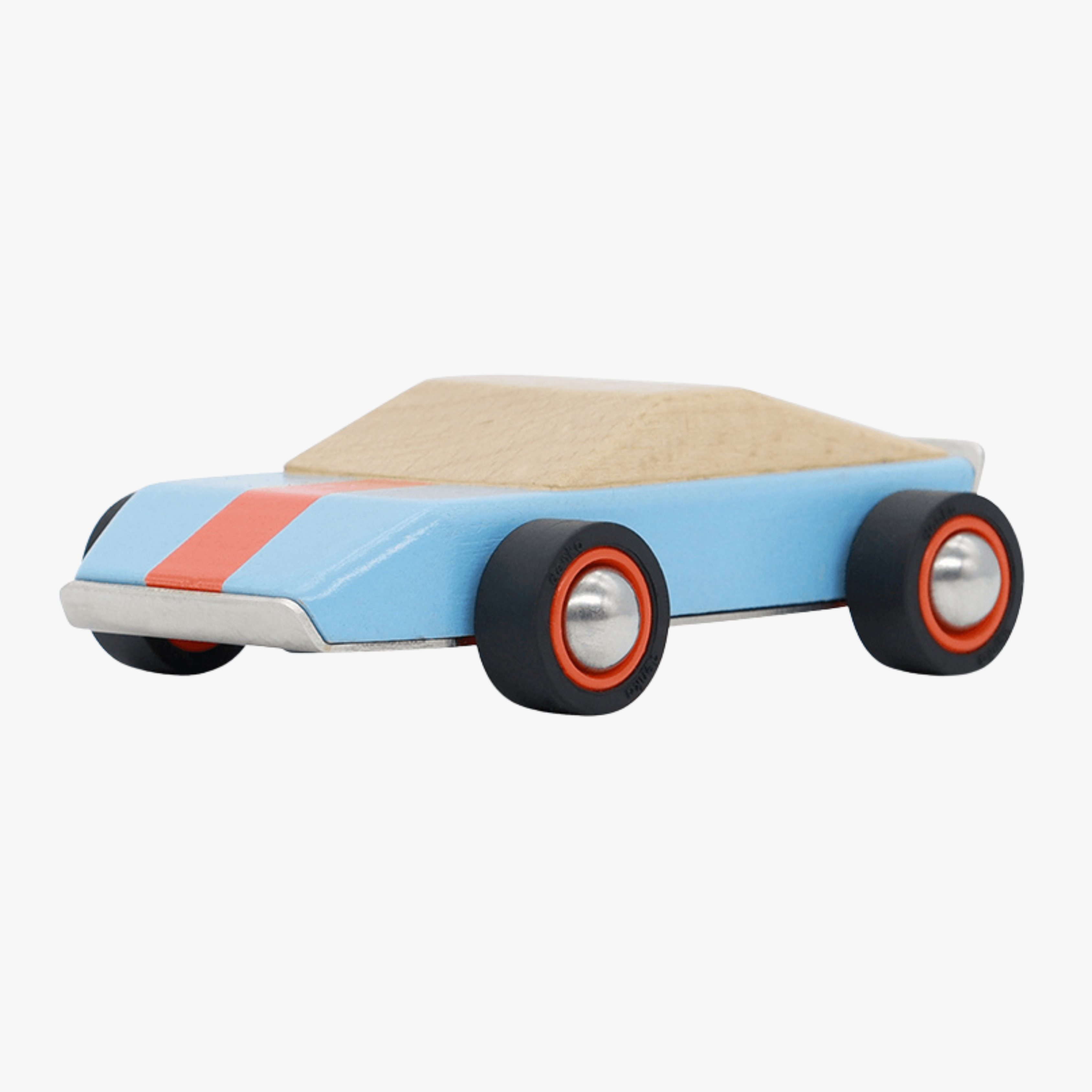 wooden Toy car with a light blue body, orange stripe, and black wheels on a white background