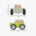 Measurement chart of a wooden toy car with dimensions labeled on a white background