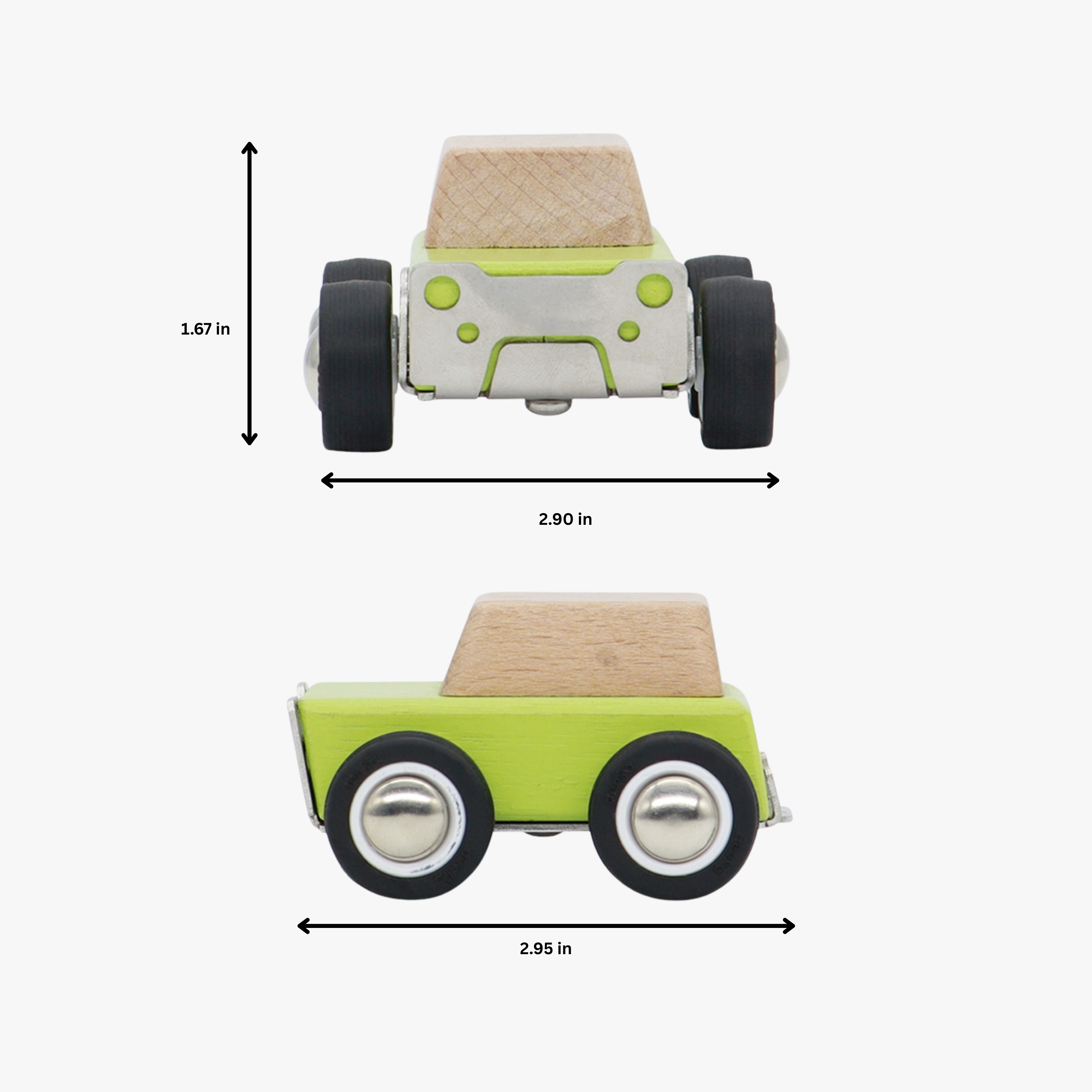 Measurement chart of a wooden toy car with dimensions labeled on a white background